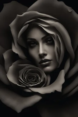 Close-up image of a beautiful woman's face inside of a black rose, Smoky, 8k quality, extremely realistic, gothic, exceptional creation, fantastic, highly detailed