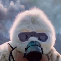 subject = (Yeti in a mask) background = (wildfires, mountains, fires, smoke, disaster)