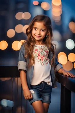 Little 6 years old beautiful girl perfect face,1girl wearing a pretty shirt and jean pant, standing pose,modern city ,night view