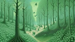 A mint colored forest with insects painted by Rene Magritte