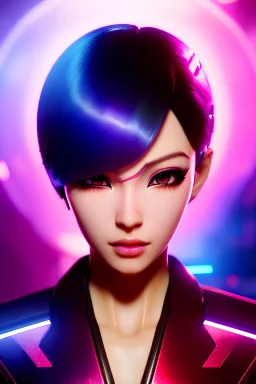 Futuristic anime cyborg, portrait from waist up, vibrant hair color, vibrant eyeshadow color, intricate eyeliner, vibrant eyeshadow, clear completion, soft lighting, 4k resolution, intricate details, insanely detailed, colorful cityscape background, masterpiece, expert, cinematic smooth, retroanime style, realistic details, no helmet