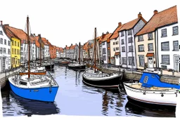Small English fishing port in the style of a loose urban sketch