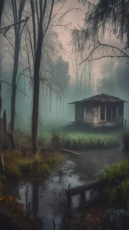 A swamp surrounded by bamboos long trees in cloudy, depressing, foggy, with a dim of light in the distance , there.is an abandoned old house covered with leaves.
