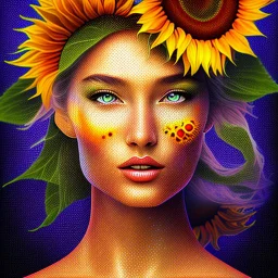 Portrait of a woman, sun and sunflowers, eclectic harmonic dot art