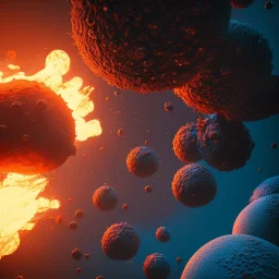 falling burning fungus on earth,planet,meteorit, cinema4d, 3d render, creative, complex, shining, much light,