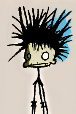 2d drawing of a stickman, cool with punk hair, x eyes like in hangman, standing, back view, slightly bended over and looking back into the camera, smiling,close-up ,3d realistic in colour