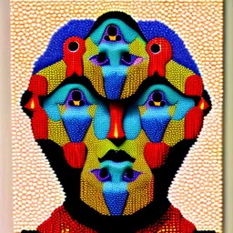 A human face made of many little human faces in Max Ernst style pointillism