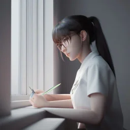 female student studying by the window, anime style,perfect face, cool face, ultra detail, unreal engine 5, cinema4d, sun light, studio lighting --ar 1:1 --v 4