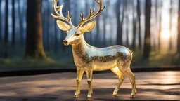 extremely delicate iridiscent deer made of glass, translucent, tiny golden accents, beautifully and intricately detailed, ethereal glow, whimsical, art by Mschiffer, best quality, glass art, magical holographic glow