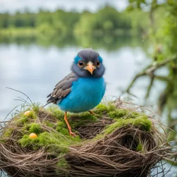 create a captivating close-up photograph showcases an eccentric and adorable bird with large, expressive eyes. This comical bird, with its scruffy and funny appearance, proudly stands on its long legs within a picturesque nest nestled by a serene lake. The nest, adorned with eggs, is surrounded by vibrant greenery, enhancing the idyllic setting. The bird's comical expression adds a touch of whimsy to the scene, while its unique features and playful personality are beautifully captured in sharp