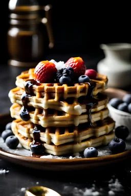 A stack of fluffy waffles topped with whipped cream, fresh berries, and a drizzle of maple syrup.