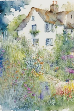 abstract watercolour english cottage garden in the style of picasso centred