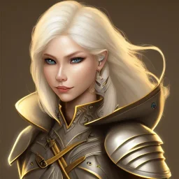 D&D cleric, female, platinum blonde hair, golden eyes, smiling, teal armor