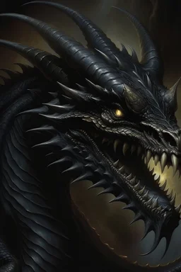50s dark fantasy art, illustration of a black dragon