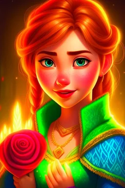 Princess Anna from Frozen is very beautiful, symmetrical, and glowing, holding a rose