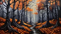 acrylic painted realistic creepy autumn forest