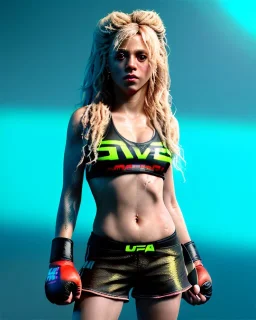 portrait, Shakira, blonde artist, angry, Realistic image, MMA robe, hoodie, mma gloves, fight pose, make-up make-up, gold line make-up, moisture, sweat, fog, goddess, Neon colors, leds. Black background, photo studio, concept art, smooth, unreal engine 5, god lights, ray tracing, RTX, lumen lighting, ultra detail, volumetric lighting, 3d, finely drawn, high definition, 4k.