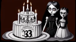 draw a birthday cake with logo number 23 or one candle 23 .Insanely detailed Addams Family movie still with Barbie dolls, art by tim burton