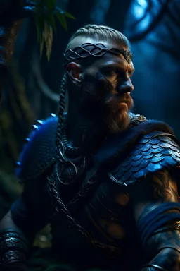 Viking, jungle, (Armored Blue skin cracked:1.4), hdr, (intricate details, hyperdetailed:1.16), whole body, piercing look, cinematic, intense, cinematic composition, cinematic lighting, color grading, focused, (dark background:1.1), hdr, hd