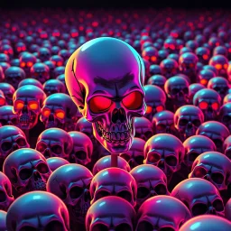 a field of 1000s of cartoonish, anatomically correct, skulls, vivid RANDOM BRIGHT neon colors, dark comedy, well lit, high detail, photorealistic, horrorcore, fun, scary, dead