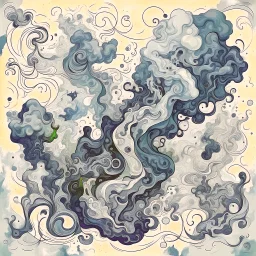 Create a sketch-like watercolour style composition of swirling smoke forming intricate patterns, representing the allure and excitement of the initial stages of hash enjoyment.