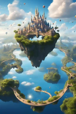 Fantasy World floating in the sky with islands connected with bridges Disney version with 4 Islands floating with a BIG CITY avatar