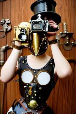 Steam-punk style random-mask. Large fencing mask covers cheeks. Trim girls. Reflective white plastic skin. Camera lenses as eyes. Head full of integrated old-fashioned cameras. Golden to cyan surfaces body, latex. Perfect body, thick thighs and calves. Asa Akira. SElfie with old-fashioned cameras in both hands. Wide hip, skirt bleats nicely. Camera at mons veneris. Partly symmetrical. Cameras hanging on wide plastic belt. Euclidean 3D-tiling walls. surrealistic. surveillance walls