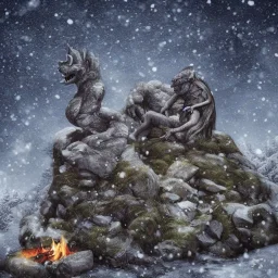 Realistic picture of a norse stone troll in the mountains, reading a book next to a firecamp and under the moonlight, with snow falling in the background and stars in the sky in a nostalgic mood --no dragon --no daylight --no hairs