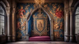 inside a medieval castle room and hall, magnificent, coloured pictorial tapestries, coat of arms, dream world, calm beauty, fantasy world, magic, splendor, uplifting, inspiring, therapeutic, chiaroscuro, color, award-winning colour photograph, beautiful composition, exquisite detail, Nikon 55mm