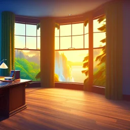 desk, parquet, sheet of paper, little pen, in front of one huge bay window with large view on a waterfall with warm light, sunset ,pixar style, panorama, nature, globe, HD