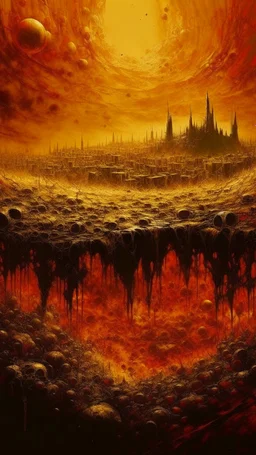 oil painting of a city of gold That lies in the distance