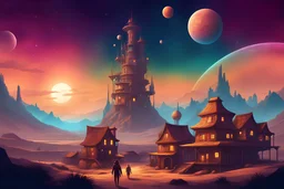 space western town with a large tower in a sci-fi world with planets in the sky psychedelic