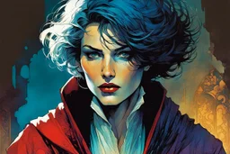 create an imaginative portrait illustration of an ethereal, otherworldly , medieval female vampire sorceress with extremely short hair in ragged ornate robes , in the comic book art style of Bill Sienkiewicz, Mike Mignola, and Jean Giraud Moebius, with highly detailed feminine facial features , finely drawn, colored and inked,