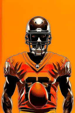 Silhouette of a football linebacker with a punisher skull on front of jersey instead of numbers, orange background, photorealistic