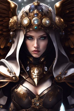 Fullbody of Steampunk armor, burka,beautiful angel wings, angry,malicious, goddess, warrior girl, crystal, broken glass, jewelry, ornements, half opened mouth, starcraft, magical orbe, cat eyes,white face,scifi, technology, photography