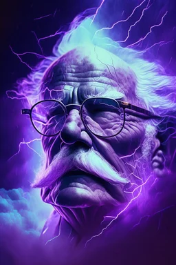 lightning strikes, abstract, high quality, UHD, Luminous Studio graphics engine, violet, cyan, octane render, cloudy haze, fiery members, old man Carl Gustav Jung with glasses and mustache portrait