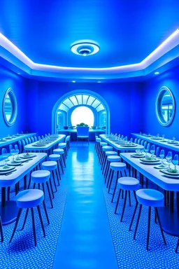 A restaurant with blue walls and a white floor. It contains one table in the middle of the restaurant in an oval shape containing 30 chairs