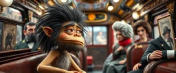 fascist dynasty soap opera, entire cast, movie poster, with posters in it, close up portrait of hairy fluffy polymer clay cute female happy worried monster with realistic human colored and textured skin, and long sleek limbs and with studio lights, on a luxury ornate neon buss, talking to his aunt
