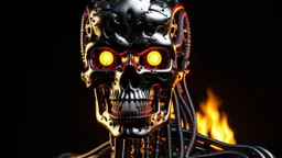 Portrait visage 4k terminator robot realiste heavy metal. Firestarter. Logo émission radio. Flammes en fond. Studio de radio