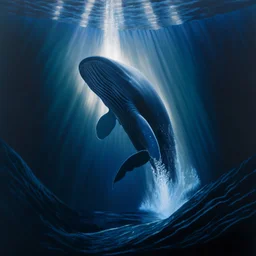 A dramatic, chiaroscuro-style acrylic painting of a powerful sperm whale hunting its prey in the depths of the ocean, with stark contrasts between light and shadow to emphasize the intensity and raw beauty of the scene