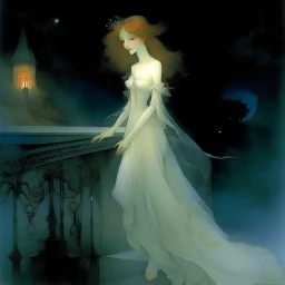 THE GHOST IS STILL DANCING AT NIGHT ON THE OLD COUNTRY BRIDGE. Alphonse Mucha. Leonor Fini. Fiona Staples