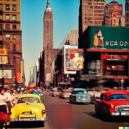 Picture 1950's street life, people, New York, blurry, abstractism, colours, strong texture, 3d, chaotic