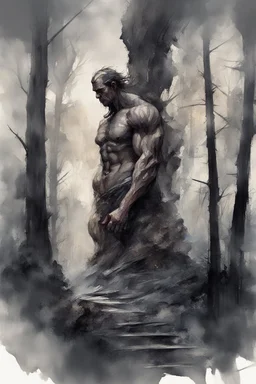 dumb and crazy stone giant above the trees, vivid emotions, watercolor, photorealism, dark fantasy, bad weather, gloomy day, dark world, sketch art, fine lines, grunge, sensual, darkness, by Raymond Swanland & Alyssa Monks & Anna Razumovskaya