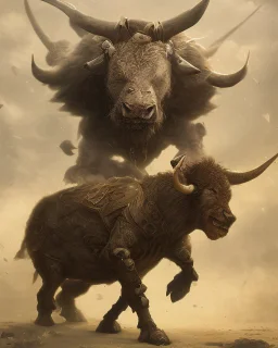 Minotaur, half man. Half bull crw majestically galloping through the dense forest in the style of Doug Hyde , fantastical landscape, soft strokes , mythology portrait, classic illustrated digital design