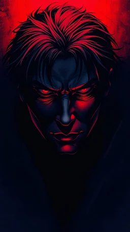 A striking portrait emerges from deep navy shadows, dramatically lit by intense red highlights that create a powerful sense of tension. Speed lines and sharp contrasts amplify the emotional impact, while precise lighting techniques cast mysterious shadows across the composition. Modern manga styling brings the scene to life with careful attention to dramatic details, creating an atmosphere thick with psychological suspense.