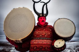 Portrait of a Northern Native Sage. Indigenous, Kekripukki, carries drum made of birch-park, Scary Horns grow from his shoulders, The Egyptian, Traditional Costume is white with red ornaments and patterns. African style colorful faces, Arctic Hills, Strange trees, Haunting Atmosphere, North-Carelia, Karelia, Karjala, Karjalainen, traditional Carelian costumes, dripping black tears on cheek, Kaamos