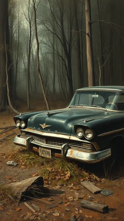 Bosch painting style nightmare , an old abandoned 1960 black ford car