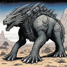 [illustration by Kevin Eastman and Peter Laird]a large omnivorous game animal that lives on a alien planet