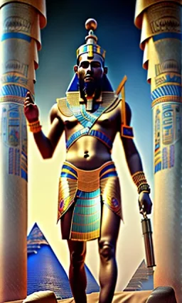 An ancient Egyptian pharaoh looks at the pharaonic armies in front of him far in front of the sea, cinematic, 8k, resolution concept art portrait by Greg Rutkowski, Artgerm, WLOP, Alphonse Mucha dynamic lighting hyperdetailed intricately detailed