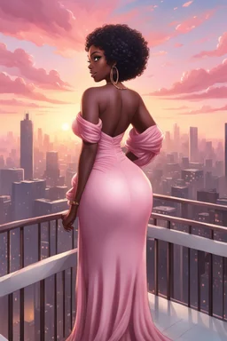 The scene opens onto a serene balcony overlooking a bustling city skyline. The sky above is painted in soft hues of pink and gray as the sun begins its descent, casting a warm glow over everything it touches. In the foreground stands a captivating figure, airbrush chibi cartoon curvy black woman exuding confidence and elegance. She is adorned in a flowing white knit maxi dress that hugs her curves in all the right places, accentuating her silhouette. Her choice of footwear is equally stunning